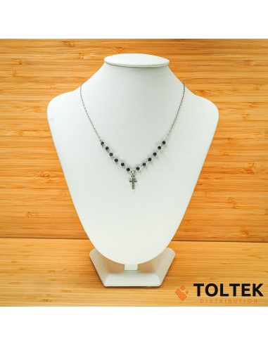 Collier argent rhodié - 3,20g - pierres noires facettées - croix pendant - 36cm + 4cm