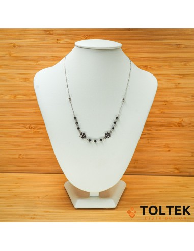 Collier argent rhodié - 2,70g - pierres facettées noires et 2 trèfles de 4 feuilles - 38cm + 3,5cm