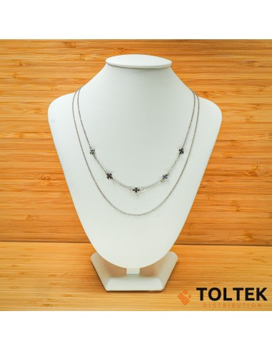 Collier argent rhodié - 3,40g - 5 trèfles à 4 feuilles - double chaîne - 38cm + 5cm