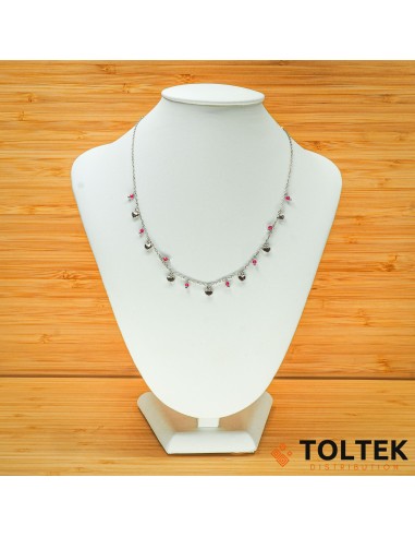 Collier argent rhodié - 4g - chaîne - coeurs et boules fuschia pendants - 36cm + 3cm