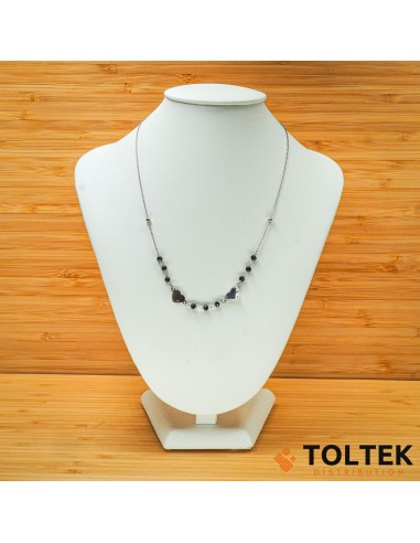 Collier argent rhodié - 2,80g - chaîne - boules noires et coeur - 38cm + 3cm