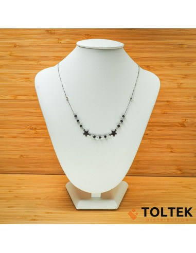 Collier argent rhodié - 2,90g - chaîne - boules, pierres noires et étoiles - 38cm + 3cm