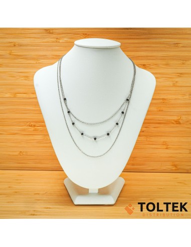 Collier argent rhodié - 4,20g - triple chaîne - pierres facettées noires - 37cm + 5cm