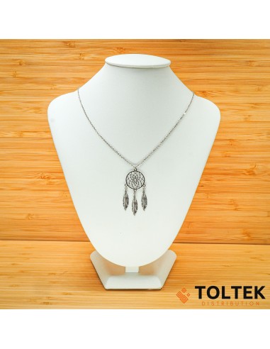 Collier argent rhodié - 4,10g - pendentif capteur de rêve - 3 plumes - 38cm + 5cm