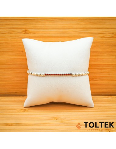 Bracelet argent rhodié - 4,10g - chaîne mailles perles et tennis rouge feu au centre - 16cm + 4cm