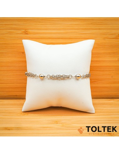 Bracelet argent rhodié - 3,90g - chaîne maille forçant - des boules - double chaîne - 18cm