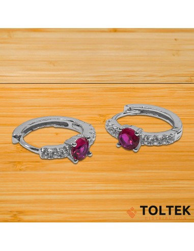 Boucles d'oreille argent rhodié - 2g - Zircon rond rouge