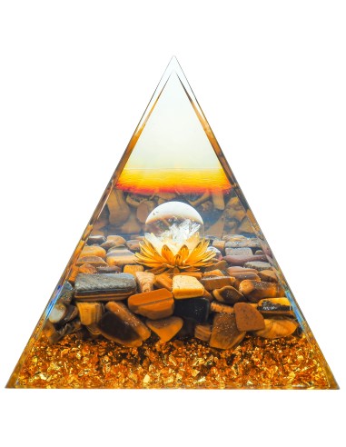 Pyramide Orgonite de protection en résine et pierre naturelle - œil de tigre, cristal de roche - 10x10cm