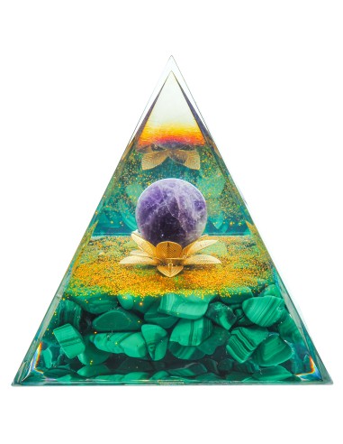 Pyramide Orgonite de protection en résine et pierre naturelle - amethysthe - malachite - 8x8cm