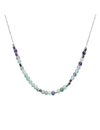 Collier argent rhodié 6,2g  - collection zodiac - Verseau -  Fluorite 4 mm - 38+7cm