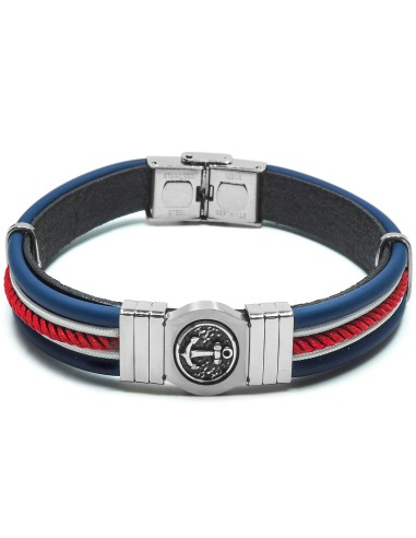 Bracelet en acier - cuir italien  noir et bleu foncé et cordon rouge - ancre effet vieilli - largeur 10mm - 21,5cm ajustable