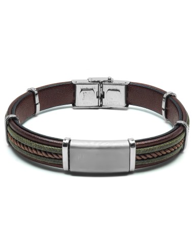 Bracelet en acier - cuir italien marron et vert militaire et cordon marron tressé - largeur 10mm -  21,5cm ajustable