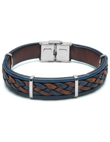 Bracelet en acier - cuir italien tressé bleu et marron - largeur 12mm - 21,5cm ajustable