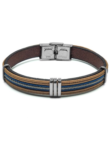 Bracelet en acier - cuir italien marron clair, bleu et cable gris  - largeur 11mm -  21,5cm ajustable