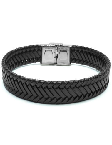 Bracelet en acier - cuir italien tressé noir  - largeur 15mm -  21,5cm ajustable