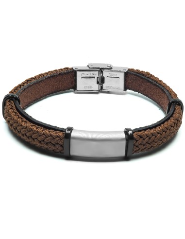 Bracelet en acier - cuir italien marron et cordon tressé marron  - largeur 8mm -  21,5cm ajustable