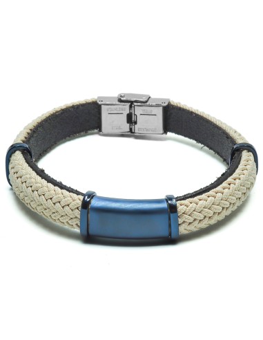 Bracelet en acier PVD bleu - cuir italien noir et cordon tressé beige  - largeur 8mm -  21,5cm ajustable