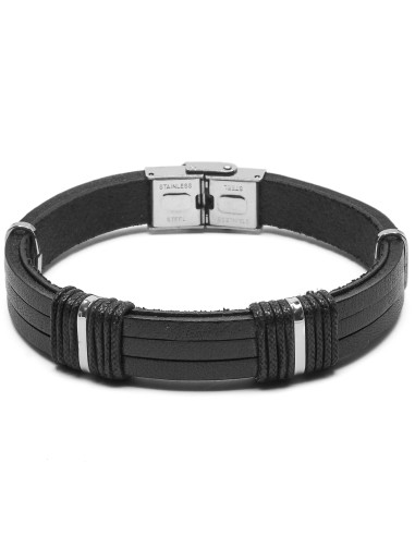 Bracelet en acier - cuir italien noir et cordon noir  - largeur 9,5mm -  21,5cm ajustable