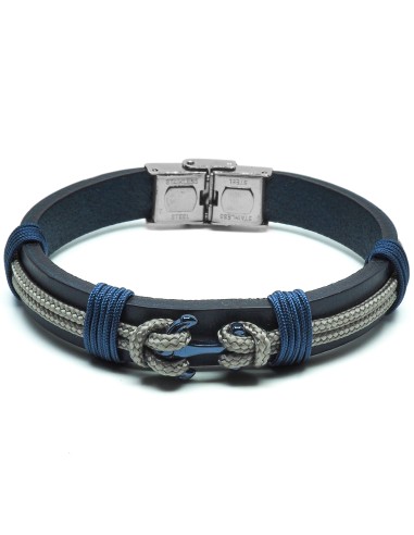 Bracelet en acier PVD bleu - cuir italien - bleu foncé - ancre - cordon beige  - largeur 10mm -  21,5cm ajustable