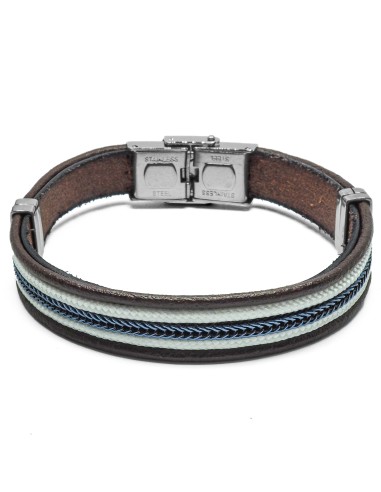 Bracelet en acier - cuir italien marron  et cordon beige et bleu - largeur 10mm -  21,5cm ajustable