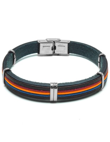 Bracelet en acier - cuir italien bleu foncé  et cordon rouge, orange et bleu - largeur 8mm -  21,5cm ajustable