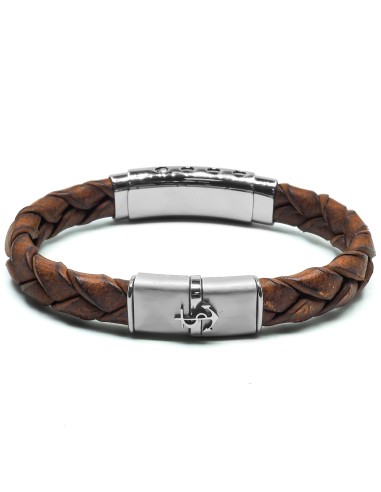 Bracelet en acier - cuir italien tressé marron  - ancre - largeur 10mm - ajustable 19-22cm