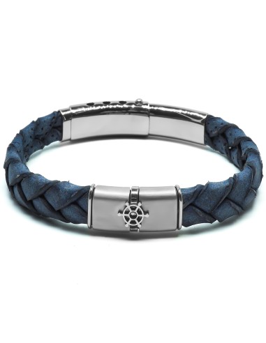 Bracelet en acier - cuir italien tressé bleu foncé  - roue  - largeur 10mm - ajustable 19-22cm