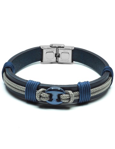 Bracelet en acier PVD bleu - cuir italien - bleu foncé - grain de café - cordon beige  - largeur 10mm - 21,5cm ajustable