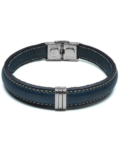 Bracelet en acier - cuir italien bleu foncé - largeur 10mm -  21,5cm ajustable