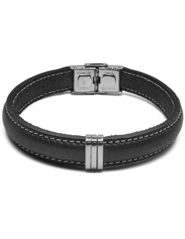 Bracelet en acier - cuir italien noir  - largeur 10mm -  21,5cm ajustable