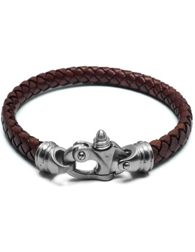 Bracelet en acier - cuir italien tressé marron  - fermoir pratique - largeur 7,5mm - 20,5cm