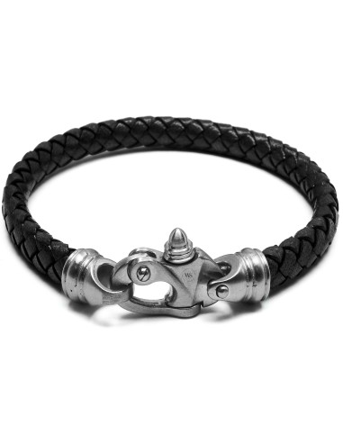 Bracelet en acier - cuir italien tressé noir  - fermoir pratique - largeur 7,5mm -  20,5cm