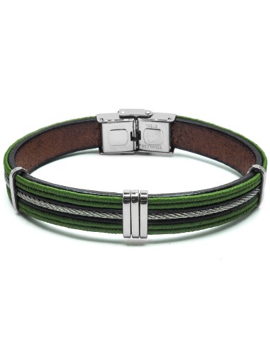 Bracelet en acier - cuir italien marron, cordon vert militaire et bleu foncé, cable acier - largeur 10mm -  21,5cm ajustable