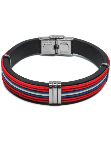 Bracelet en acier - cuir italien noir, cordon bleu, blanc, rouge - largeur 10mm - 21,5cm ajustable