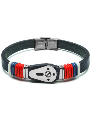 Bracelet en acier - cuir italien noir, cordon bleu, blanc, rouge - manille - largeur 8mm - 21,5cm ajustable