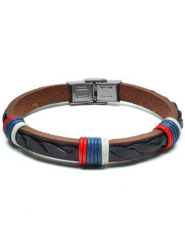 Bracelet en acier - cuir italien marron et tressé noir, cordon bleu, blanc, rouge - largeur 8mm - 21,5cm ajustable