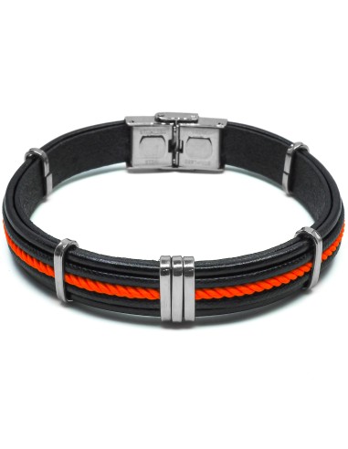 Bracelet en acier - cuir italien noir, cordon tressé orange - largeur 10mm - 21,5cm ajustable