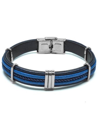 Bracelet en acier - cuir italien noir, cordon  et cordon tressé bleu - largeur 10mm - 21,5cm ajustable