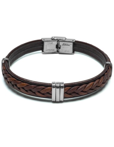 Bracelet en acier - cuir italien tressé marron - largeur 8mm - 21,5cm ajustable