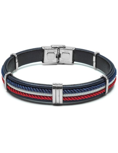 Bracelet en acier - cuir italien noir, cordon bleu, blanc, rouge - largeur 10mm - 21,5cm ajustable