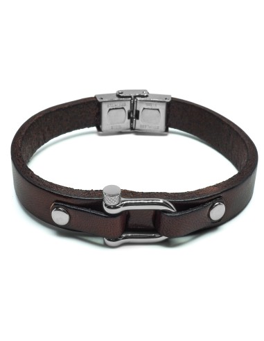 Bracelet en acier - cuir italien marron - manille - largeur 10mm - 21,5cm ajustable