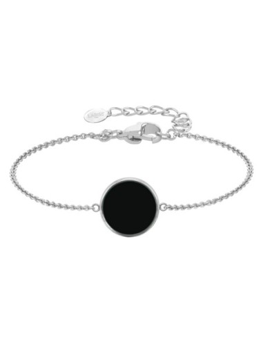 Bracelet argent rhodié - 2,5g -  Onyx - Pierre plate rond - 12mm - 15+5cm