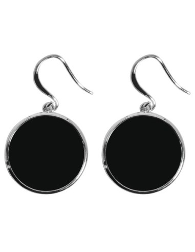 Boucles d'oreilles argent rhodié - 4,2g -  Onyx - Pierre plate rond - 18mm