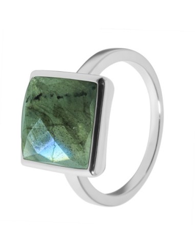 Bague argent rhodié - 3,2g -  Labradorite -  cabochon facetté - 10x10mm - T50 à 64