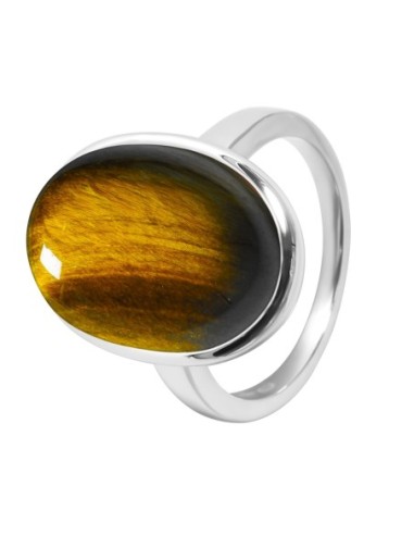 Bague argent rhodié - 4,5g -  Œil de tigre - cabochon - 12x18mm - T52 à 64