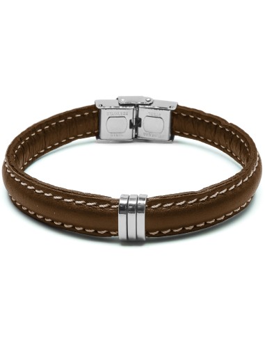 Bracelet en acier - cuir italien marron  - largeur 10mm -  21,5cm ajustable