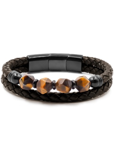 Bracelet acier PVD noir - 4 billes œil de tigre facettées 8mm - cuir marron - 19+1,5cm