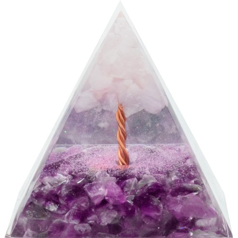 Pyramide Orgonite de protection en résine et pierre naturelle - améthyste - quartz rose - 6x6cm