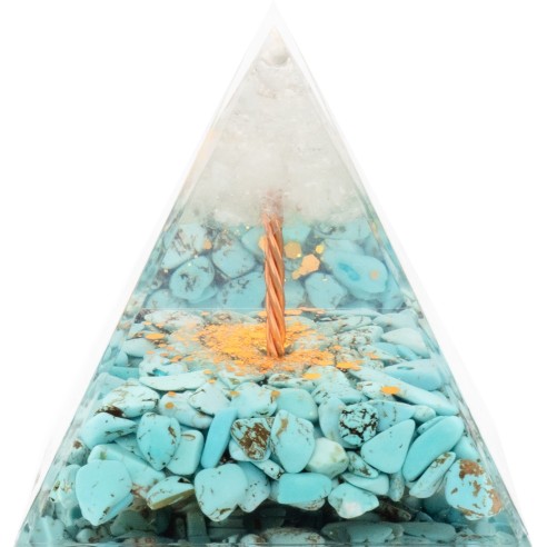 Pyramide Orgonite de protection en résine et pierre naturelle -cristal de roche - magnésite imitation turquoise - 6x6cm