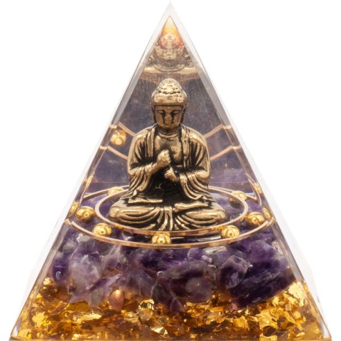 Pyramide Orgonite de protection en résine et pierre naturelle - améthyste - bouddha en cuivre - 6x6cm